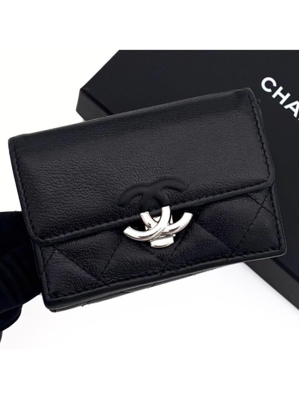 Chanel Lambskin Half Coco Black Trifold Wallet Compact